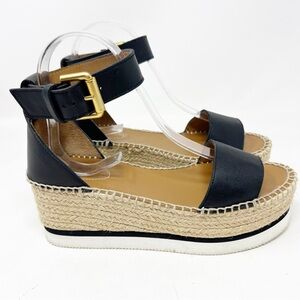 SEE BY CHLOE BLACK GLYN ESPADRILLE PLATFORM ANKLE STRAP SANDALS WOMENS SZ 7